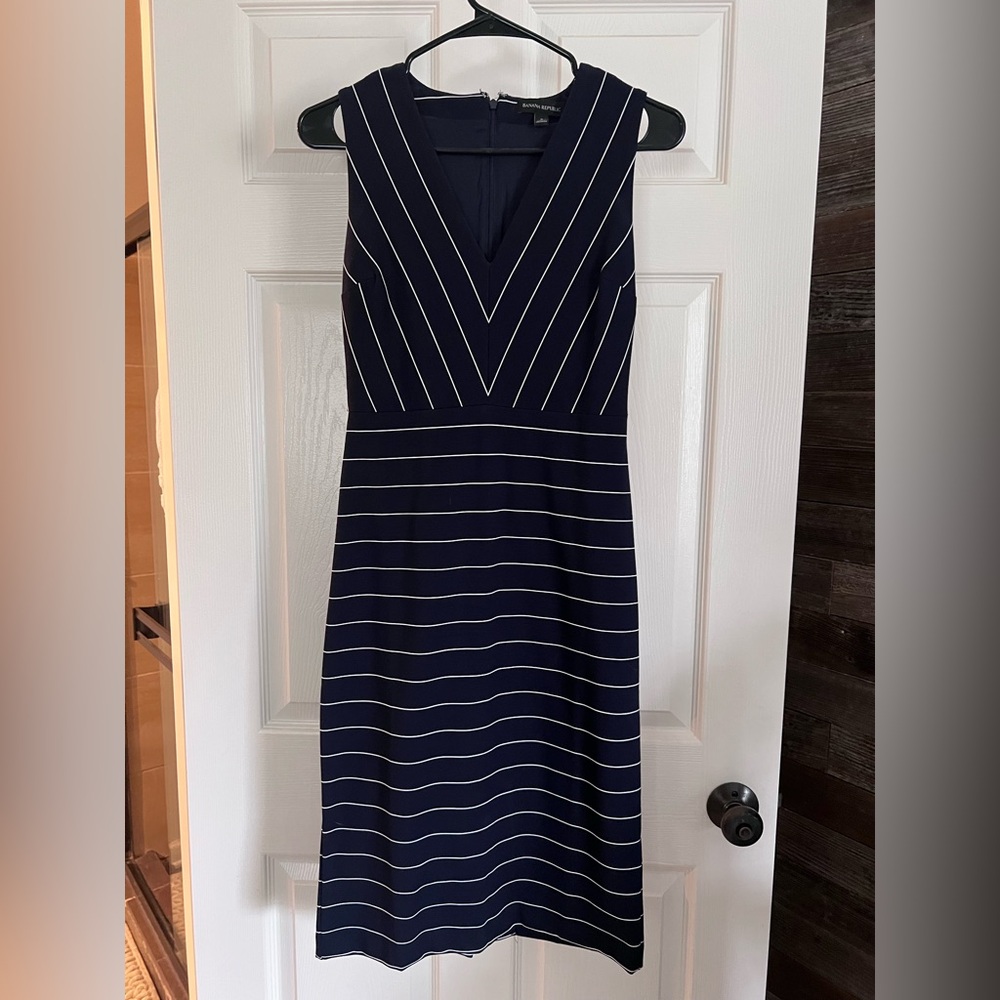 Banana Republic Navy and White Striped Midi Dress
